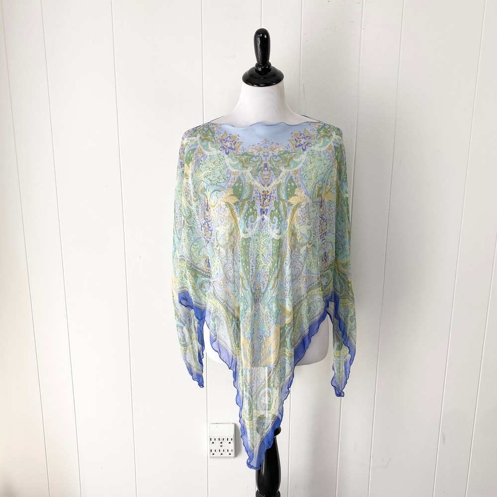 Blue Paisley Sheer Handkerchief Hem Poncho Top One Size Fits Most